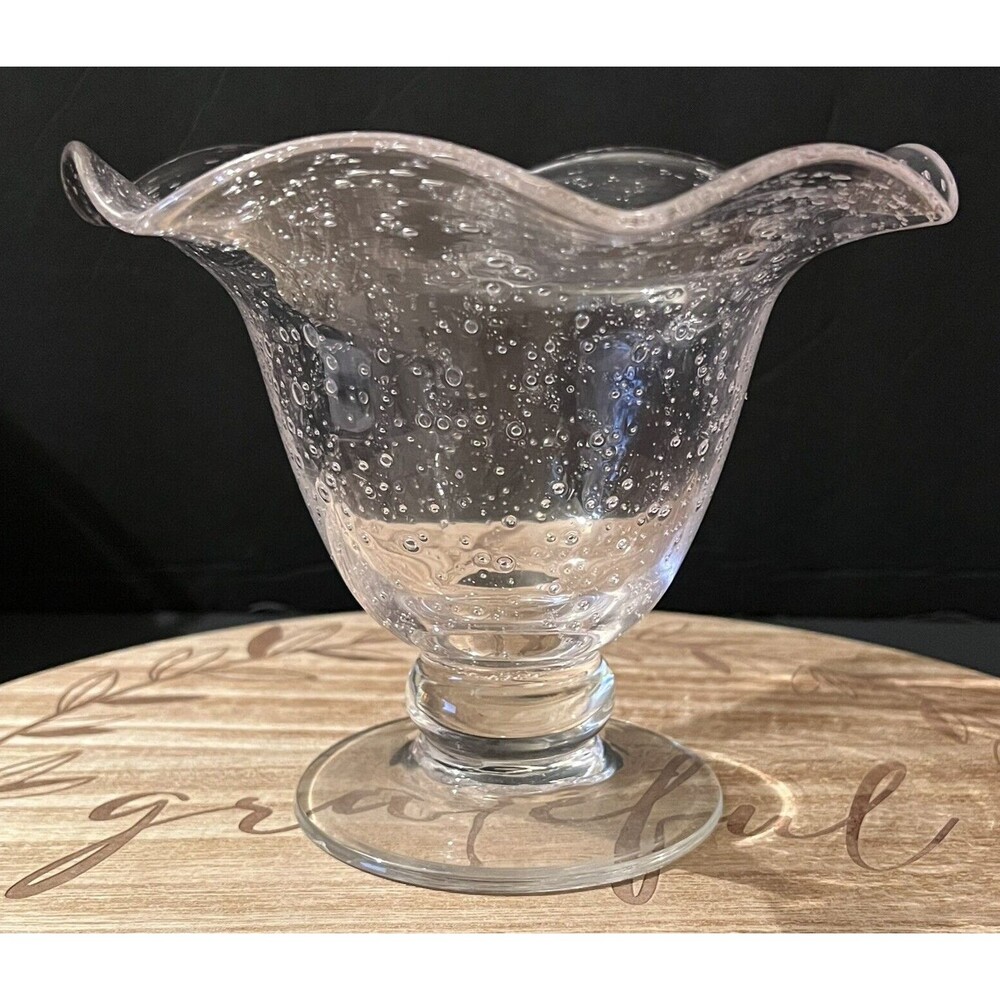 Vintage MCM Pink Seeded Hand Blown Scalloped Pedestal Candy Bowl 5.5"